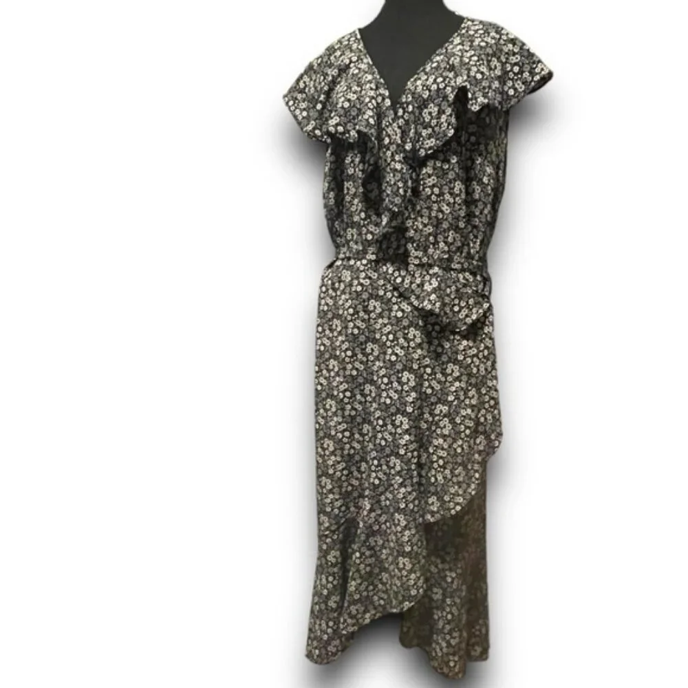 Plus Size Black Floral Flouncy Tiered Wrap Around Dress Tie Ruffles V Neck Sz 2X - Picture 3 of 15
